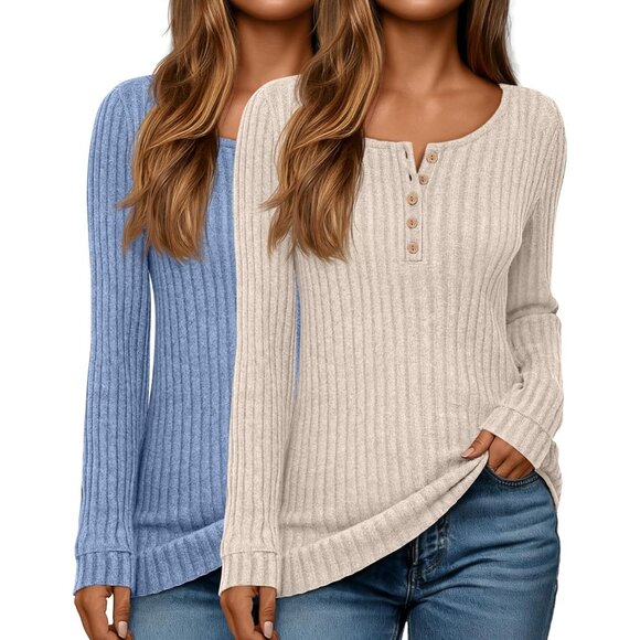 Tops - Women's Lightweight Sweaters Long Sleeve Knit Tops Casual Tunics 2 Pcs